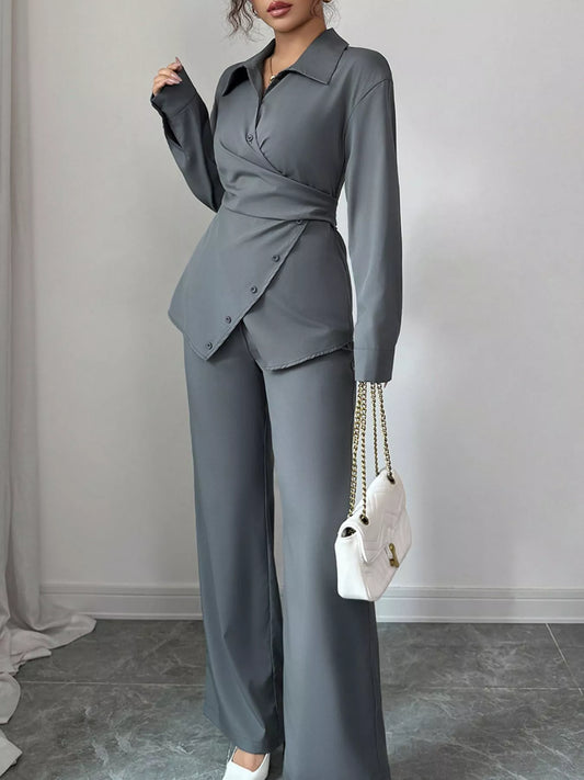 Back Tie Wrap Blazer and Wide Leg Pants Set