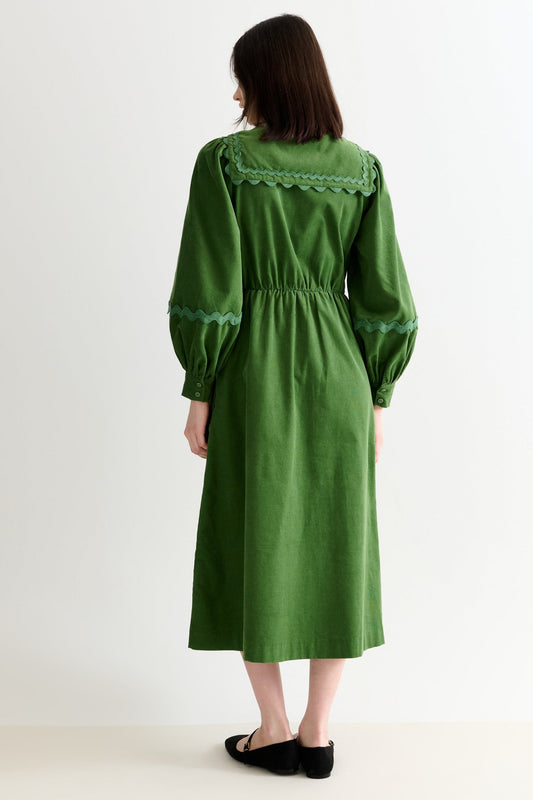 Prudence Babycord Big Collar Ric Rac Trim Midi Dress - Olive