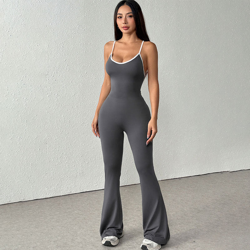 Sports yoga tight backless solid color jumpsuit