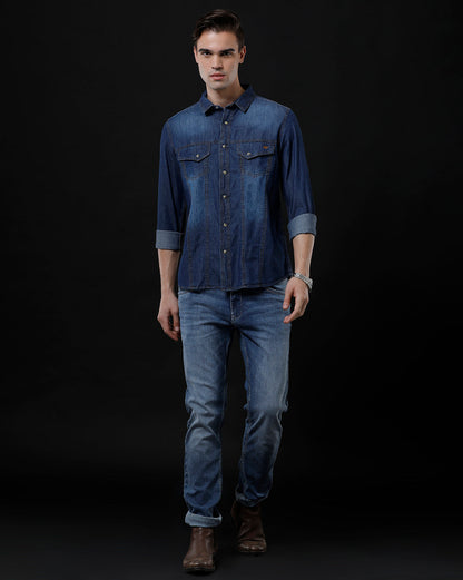 Men's Slim Fit Solid Denim Casual Shirt (AMPHI)