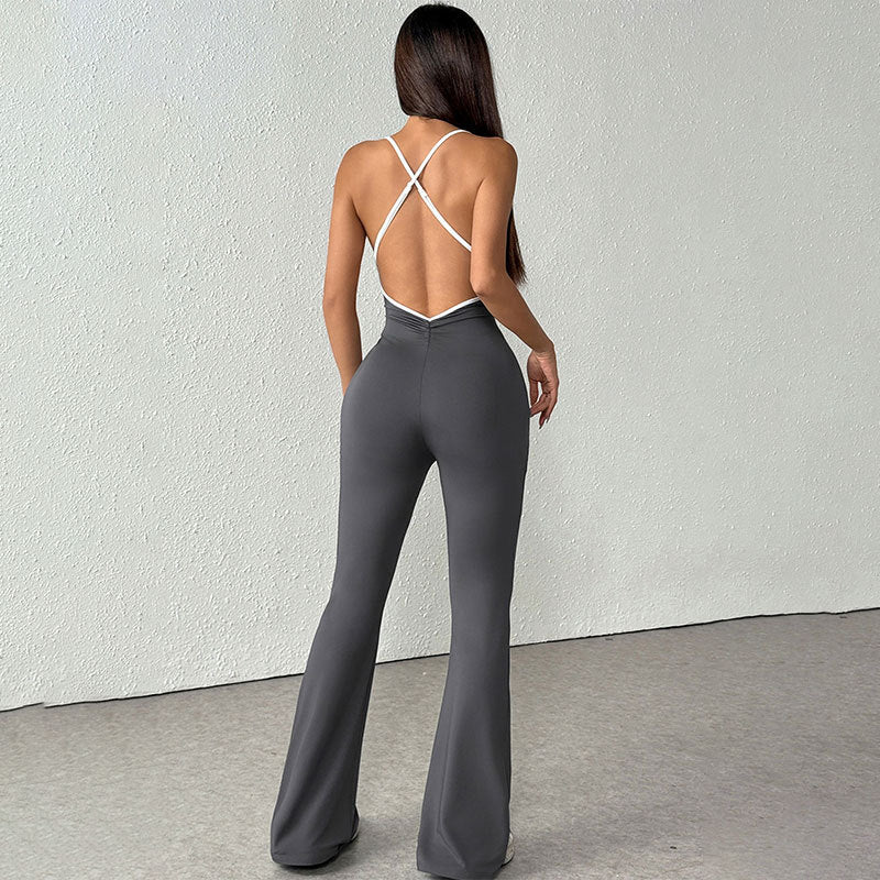 Sports yoga tight backless solid color jumpsuit